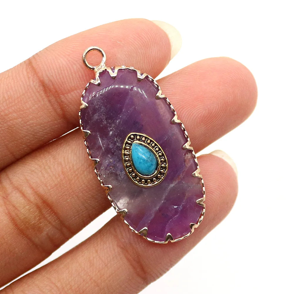 Natural Stone Dalmatian Jasper Oval Pendants Amethyst Turquoise Evil Eye Charms DIY Necklace Jewelry Making Supplies