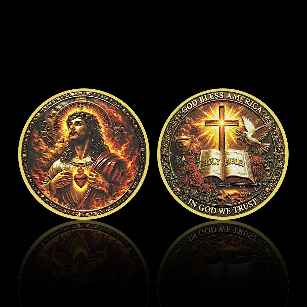 Jesus Sacred Heart Commemorative Coin Cross, Bible, Dove Design, Unique Christian Patriotic Collectible & Spiritual Gift replica