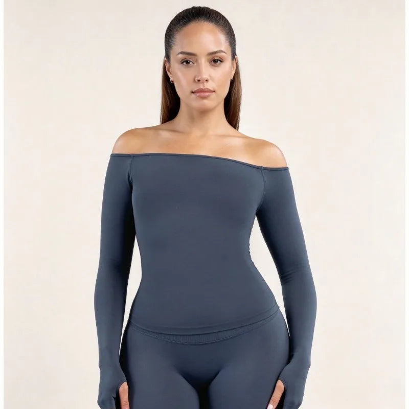 Womens Off Shoulder Long Sleeve Yoga Top Quick Dry Athletic Shirt Outdoor Casual Running Fitness Workout Long Sleeve Activewear