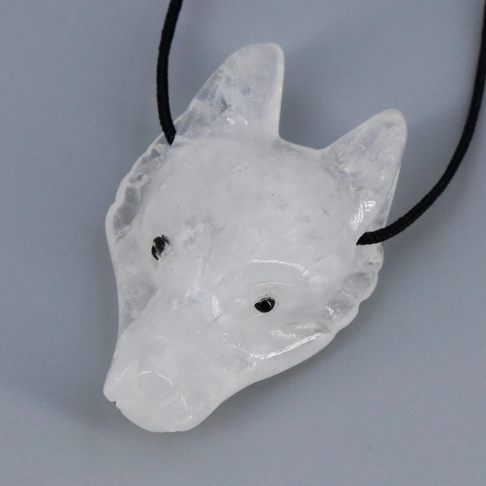 40mm Wolf Head Stone Pendant Natural Healing Crystals Statue Hand Carving Gemstone Wolves Animal Figure Jewelry Making Necklace