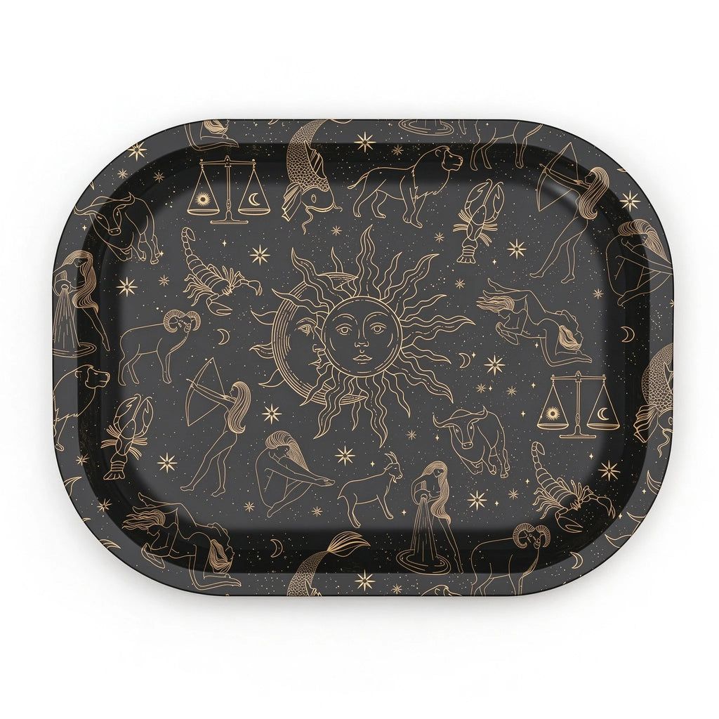Premium Metal Rolling Tray 12 Zodiac Celestial Design Tray for Herbs & Smoking Accessories