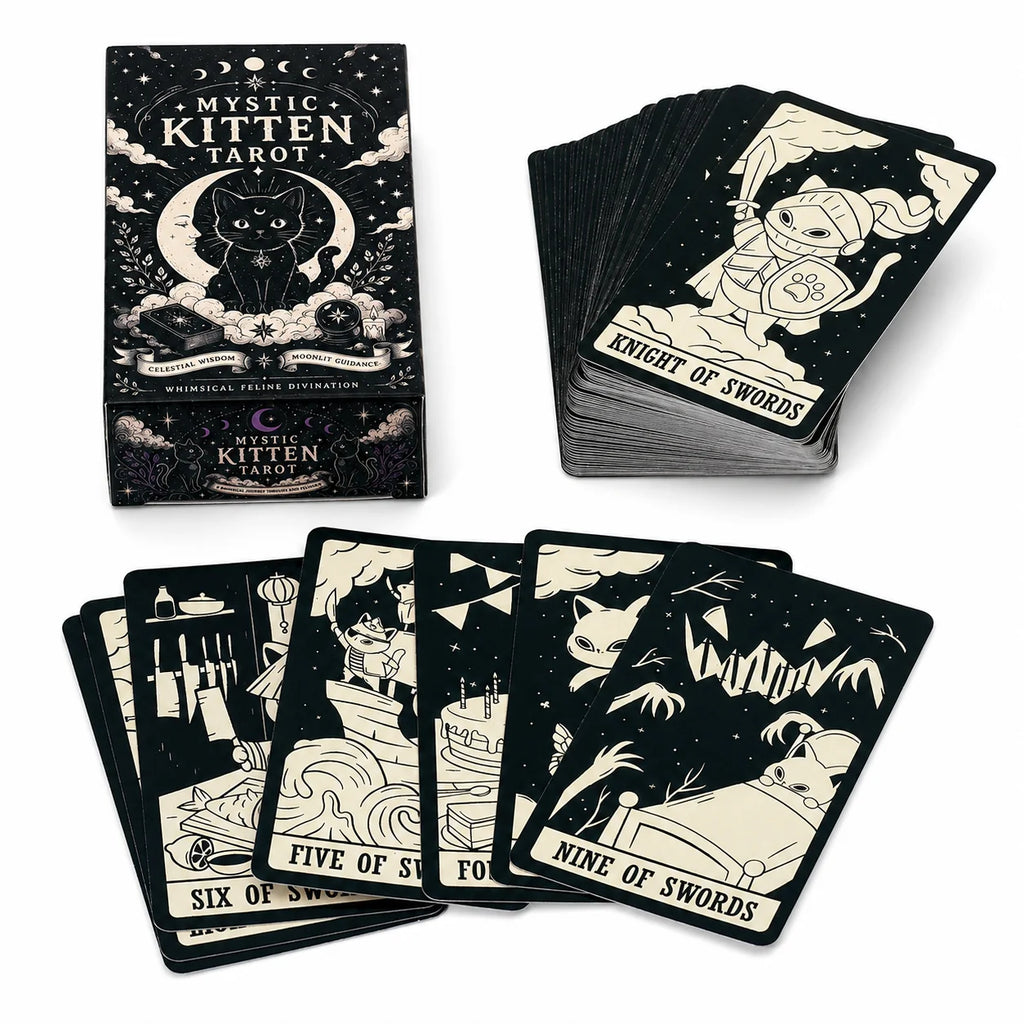 Mystic Kitten Tarot Deck 78 Cards Cat Themed Tarot Cards with Whimsical Feline Illustrations Celestial Moon and Star Design Divi