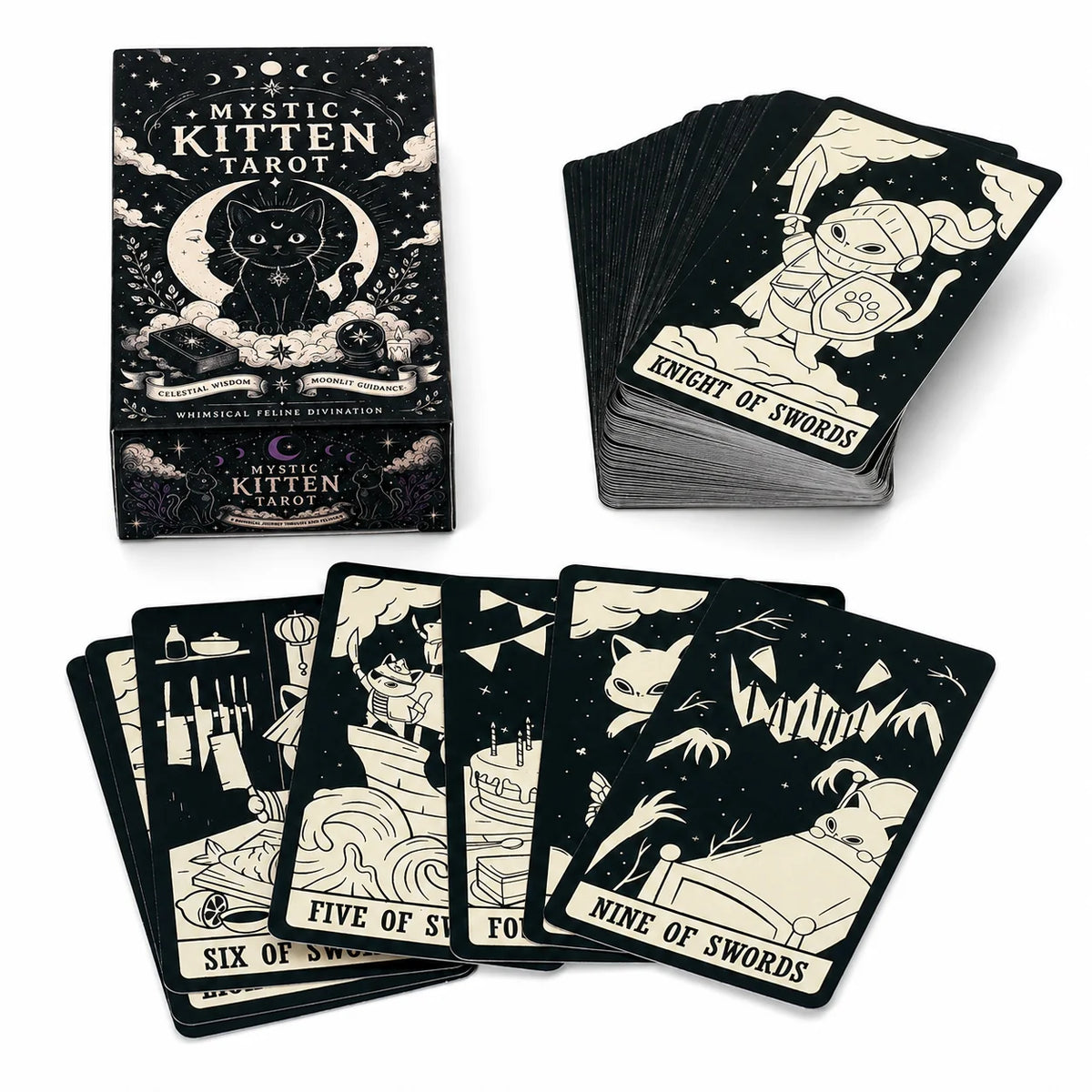 Mystic Kitten Tarot Deck 78 Cards Cat Themed Tarot Cards with Whimsical Feline Illustrations Celestial Moon and Star Design Divi