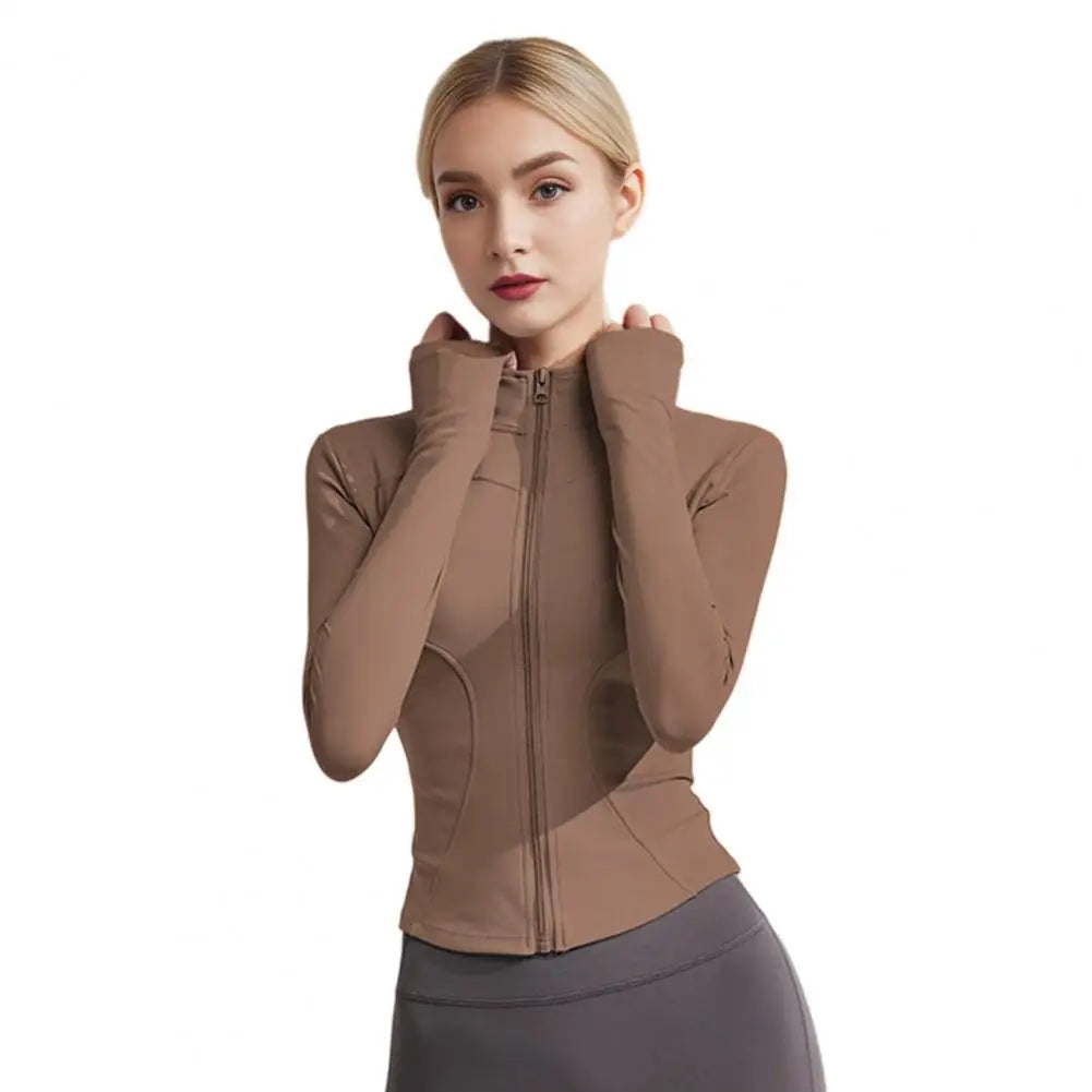 Yoga Clothes Thumb Hole Sleeves Yoga Top Women Long Sleeve Workout Tops Quick Dry Full Zip Crop Jackets Athletic for Running