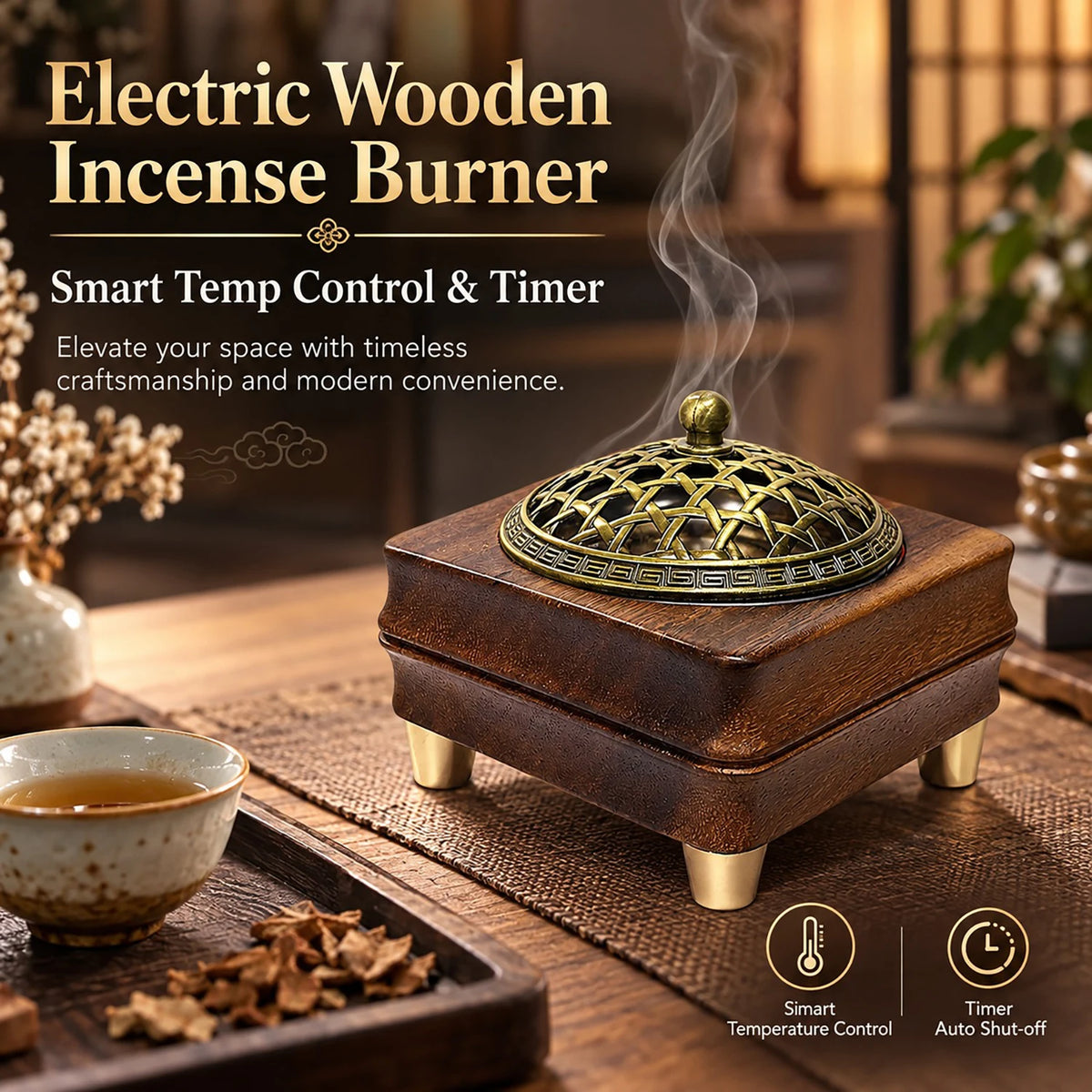 Wooden Electronic Incense Burner USB-powered Essential Oil Burner Adjustable Temp and Timer Bakhoor Burner for Wax Melt Agarwood