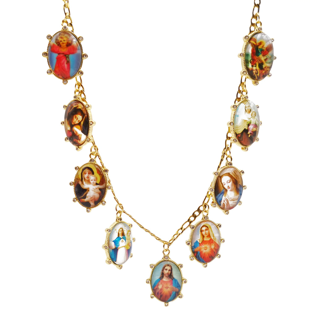 Gold Plated Enamel Virgin Mary Pendant Sacred Heart of Jesus Zirconia Edges Medal Necklace Divine Child Charms Catholic Jewelry