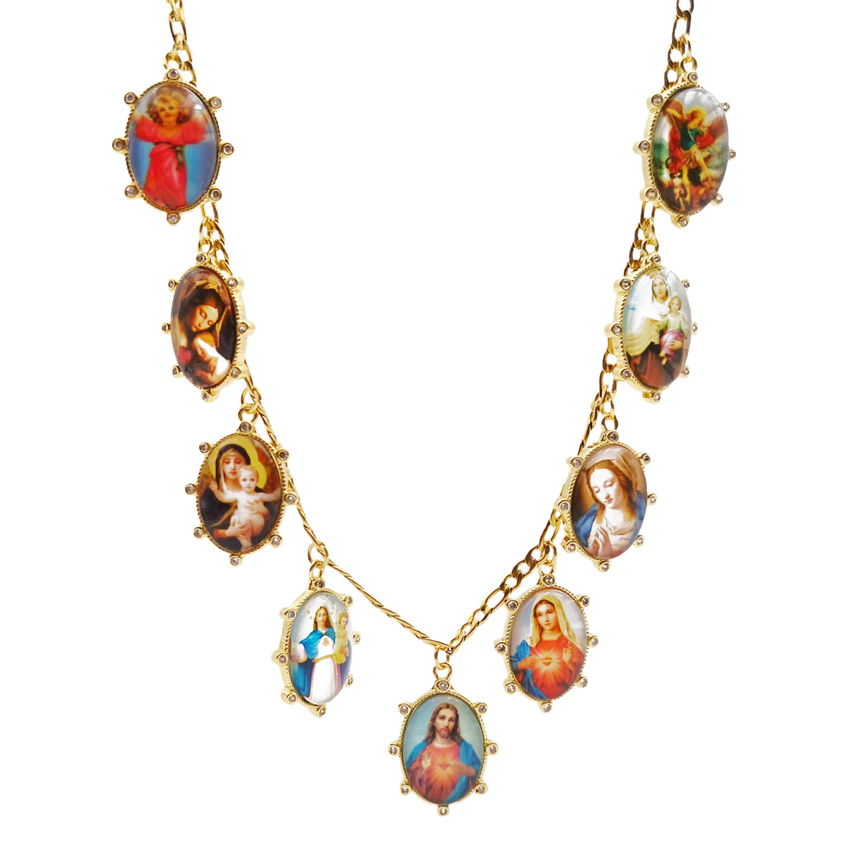 Gold Plated Enamel Virgin Mary Pendant Sacred Heart of Jesus Zirconia Edges Medal Necklace Divine Child Charms Catholic Jewelry