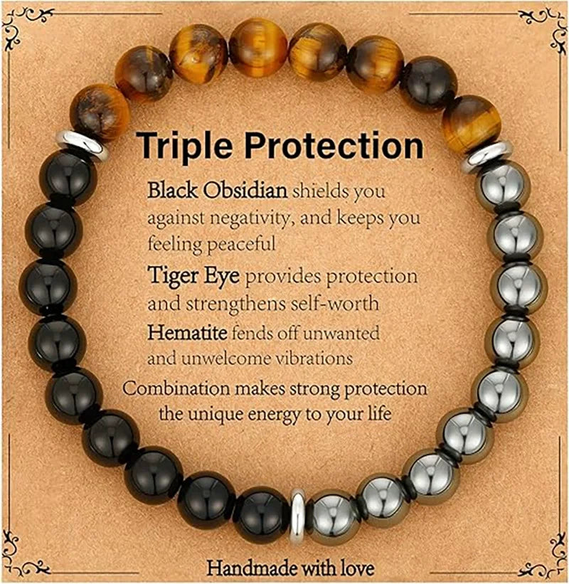Bracelet for Men Him Dad Son Triple Protection Hematite Black Obsidian Tiger Eye Beaded Bracelets Birthday Healing Jewelry Gifts