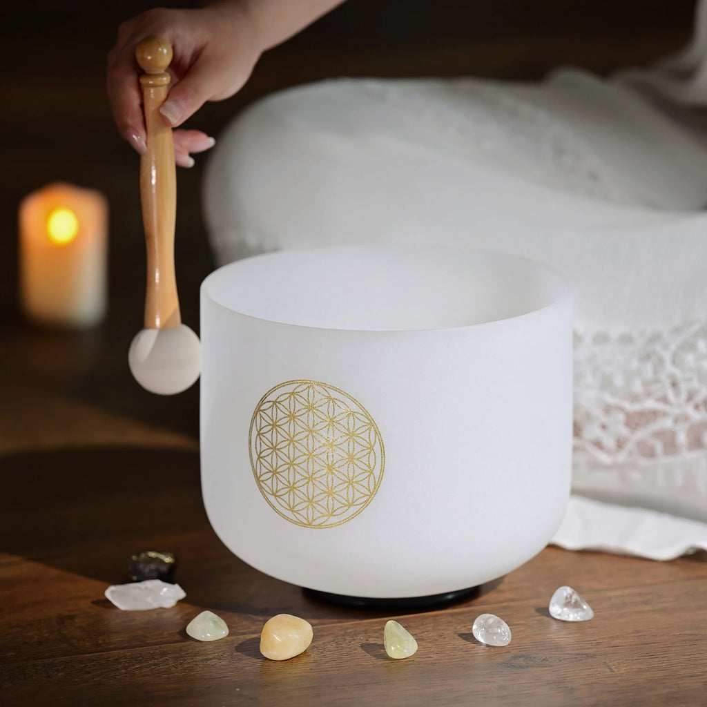 CVNC 528Hz 8 Inch C Note Life Flower Design Chakra Frosted Quartz Crystal Singing Bowl for Sound Healing with Mallet
