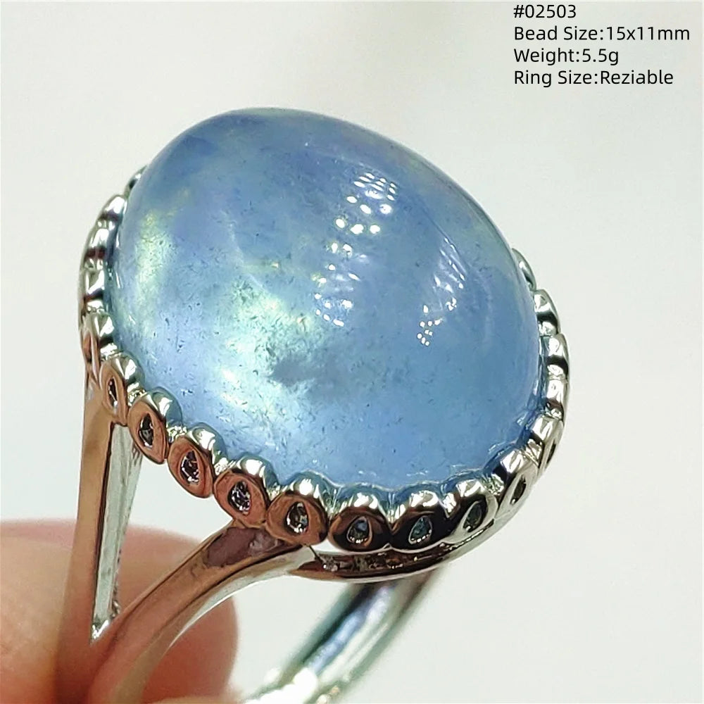Natural Blue Aquamarine Beads Ring Adjustable Brazil Ring Oval 925 Sterling Silver Aquamarine Jewelry Women AAAAA