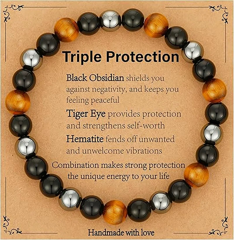Bracelet for Men Him Dad Son Triple Protection Hematite Black Obsidian Tiger Eye Beaded Bracelets Birthday Healing Jewelry Gifts