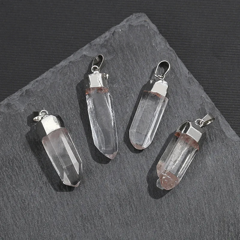 Natural Clear Quartz Crystal Pendant Electroplated Polished Raw Stone Energy Healing Point Charm for DIY Jewelry Making Necklace