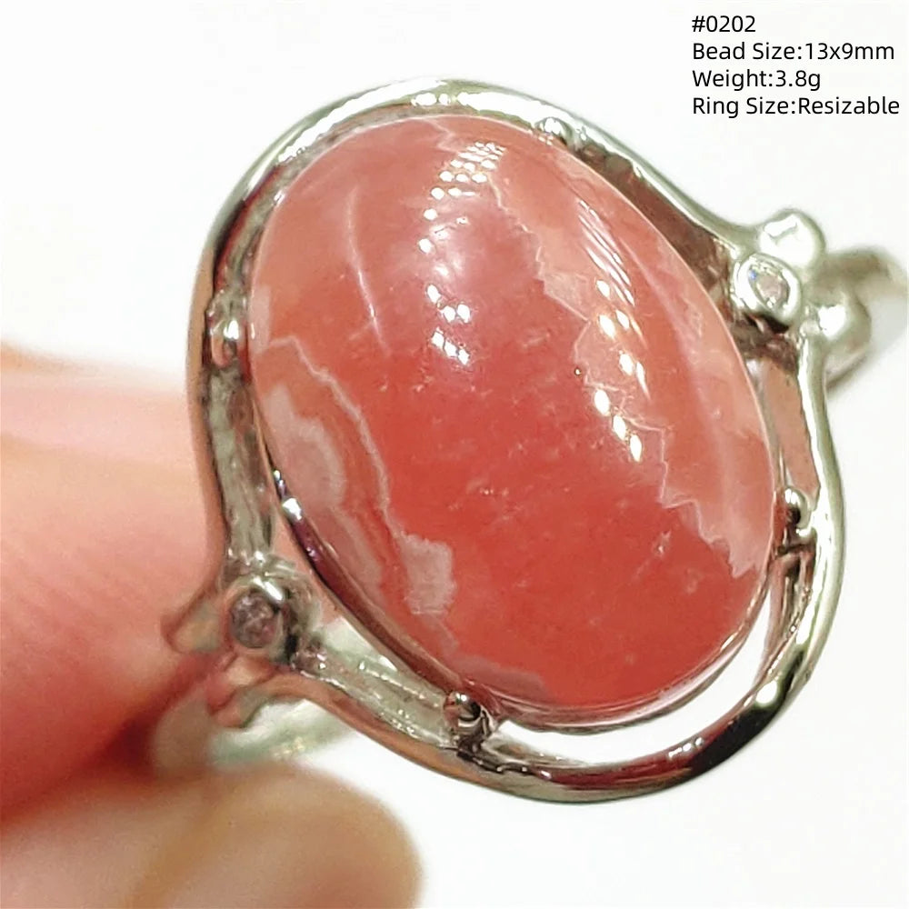 Natural Red Rhodochrosite Adjustable Ring Jewelry Rose Rhodochrosite 925 Sterling Silver Women Oval Bead AAAAA