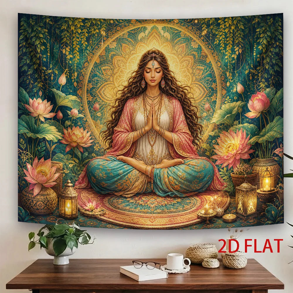 Yoga Meditation Woman Lotus Tapestry Wall Hanging, Bohemian Mandala Spiritual Art for Living Room Sofa Background Wall Decor