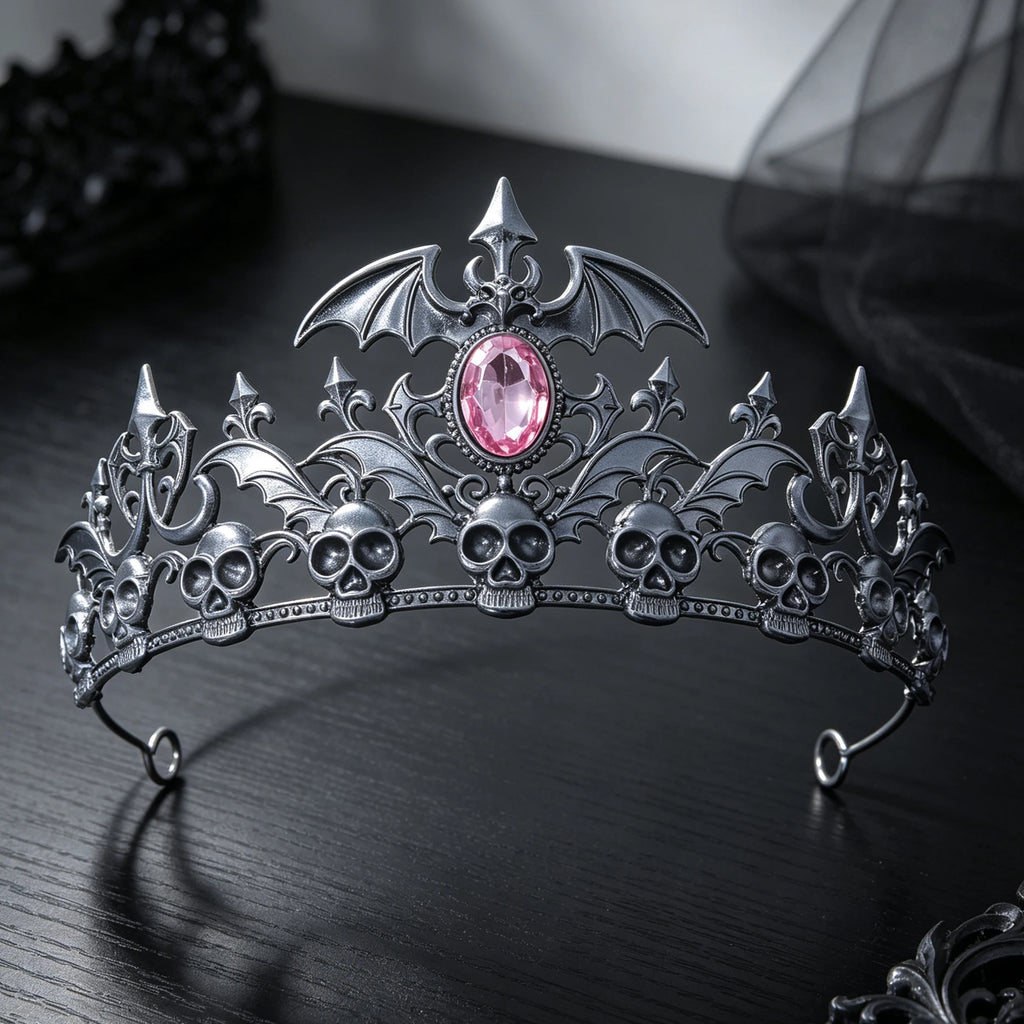 Antique Silver Skull Bat Tiara Rhinestone Gothic Headband Halloween Cosplay Dark Queen Witch Vampire Costume Party Hair Ornament