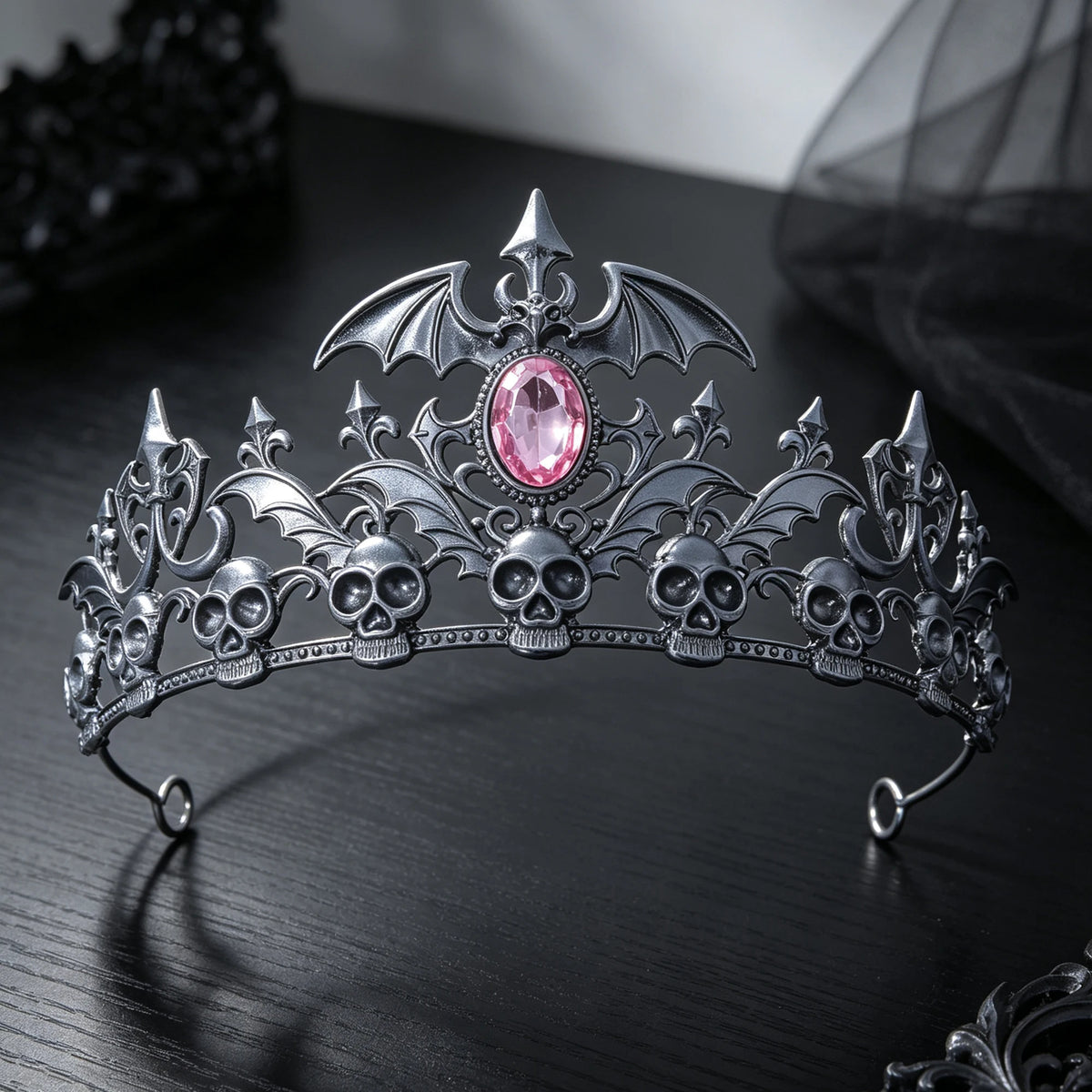 Antique Silver Skull Bat Tiara Rhinestone Gothic Headband Halloween Cosplay Dark Queen Witch Vampire Costume Party Hair Ornament