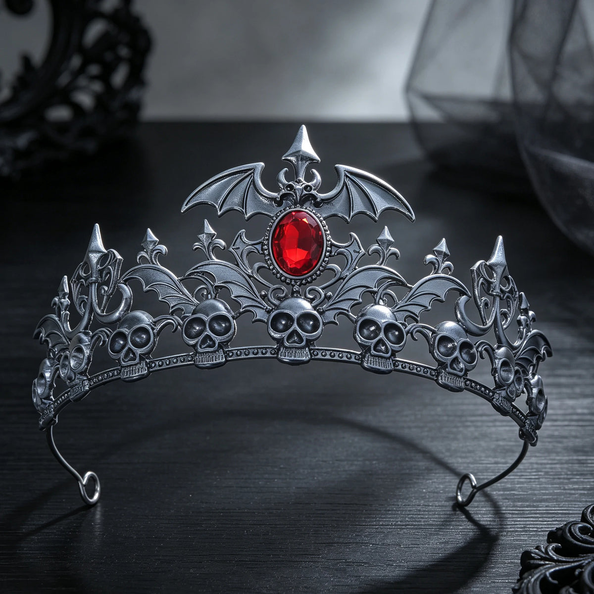 Antique Silver Skull Bat Tiara Rhinestone Gothic Headband Halloween Cosplay Dark Queen Witch Vampire Costume Party Hair Ornament