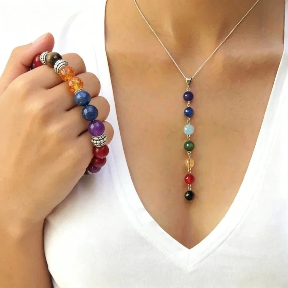 Women 7 Chakra Healing Crystal Gemstone Bead Set Yoga Balancing Necklace Bracelet Reiki Solid Design Daily Party Birthday Gift