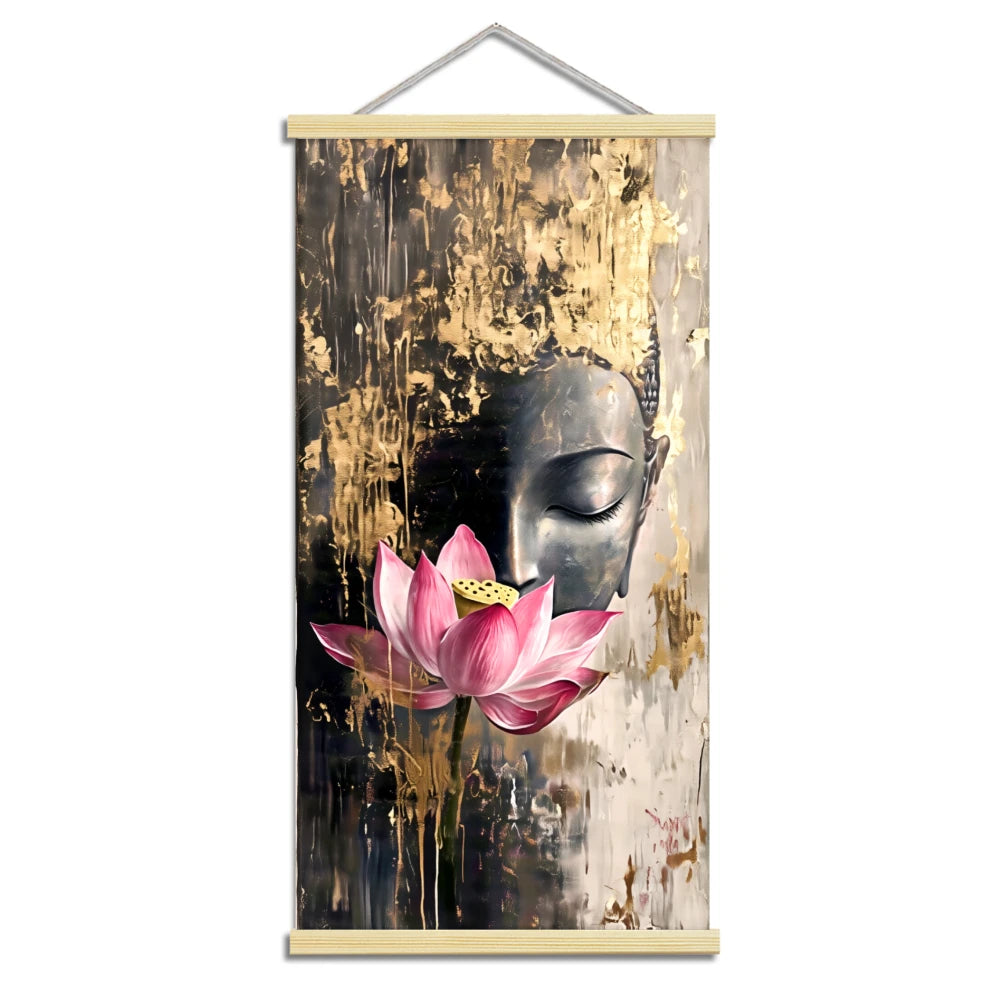 2D Flat 1pcs Canvas Scroll Poster Buddha Wall Art Buddha Face & Hands with Halo & Robe Glowing Lotus Design Religion Spiritual
