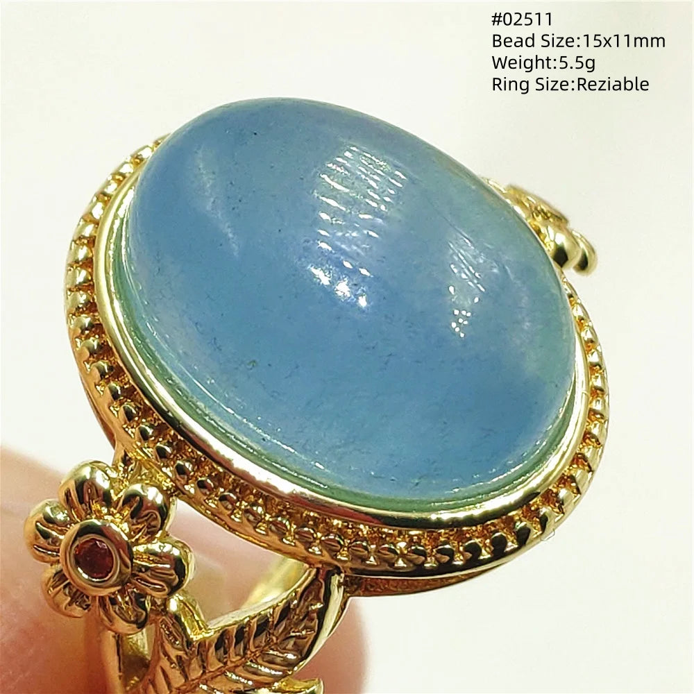 Natural Blue Aquamarine Beads Ring Adjustable Brazil Ring Oval 925 Sterling Silver Aquamarine Jewelry Women AAAAA