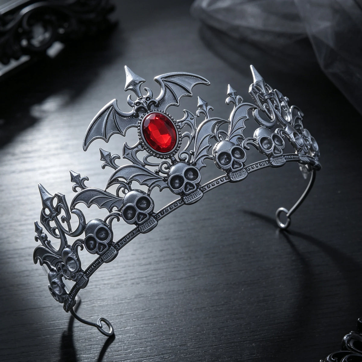 Antique Silver Skull Bat Tiara Rhinestone Gothic Headband Halloween Cosplay Dark Queen Witch Vampire Costume Party Hair Ornament