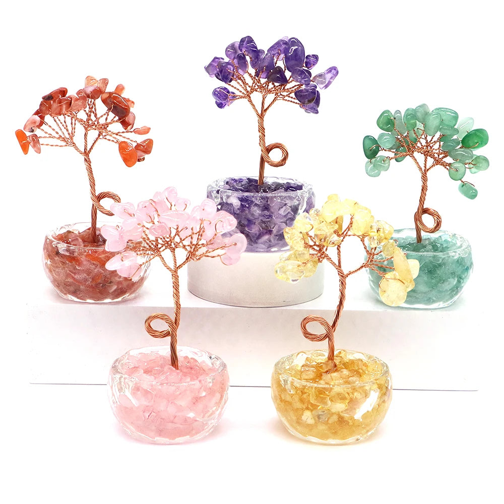 Natural Gemstone Crystal Lucky Tree With Gravel Stone Base Chakras Health Home Office Desk Living Room Crystal Decor Mini Sized