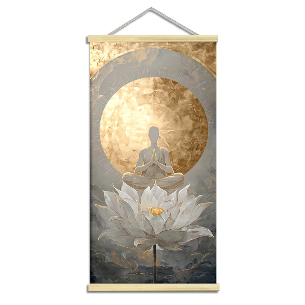2D Flat 1pcs Canvas Scroll Poster Buddha Wall Art Buddha Face & Hands with Halo & Robe Glowing Lotus Design Religion Spiritual