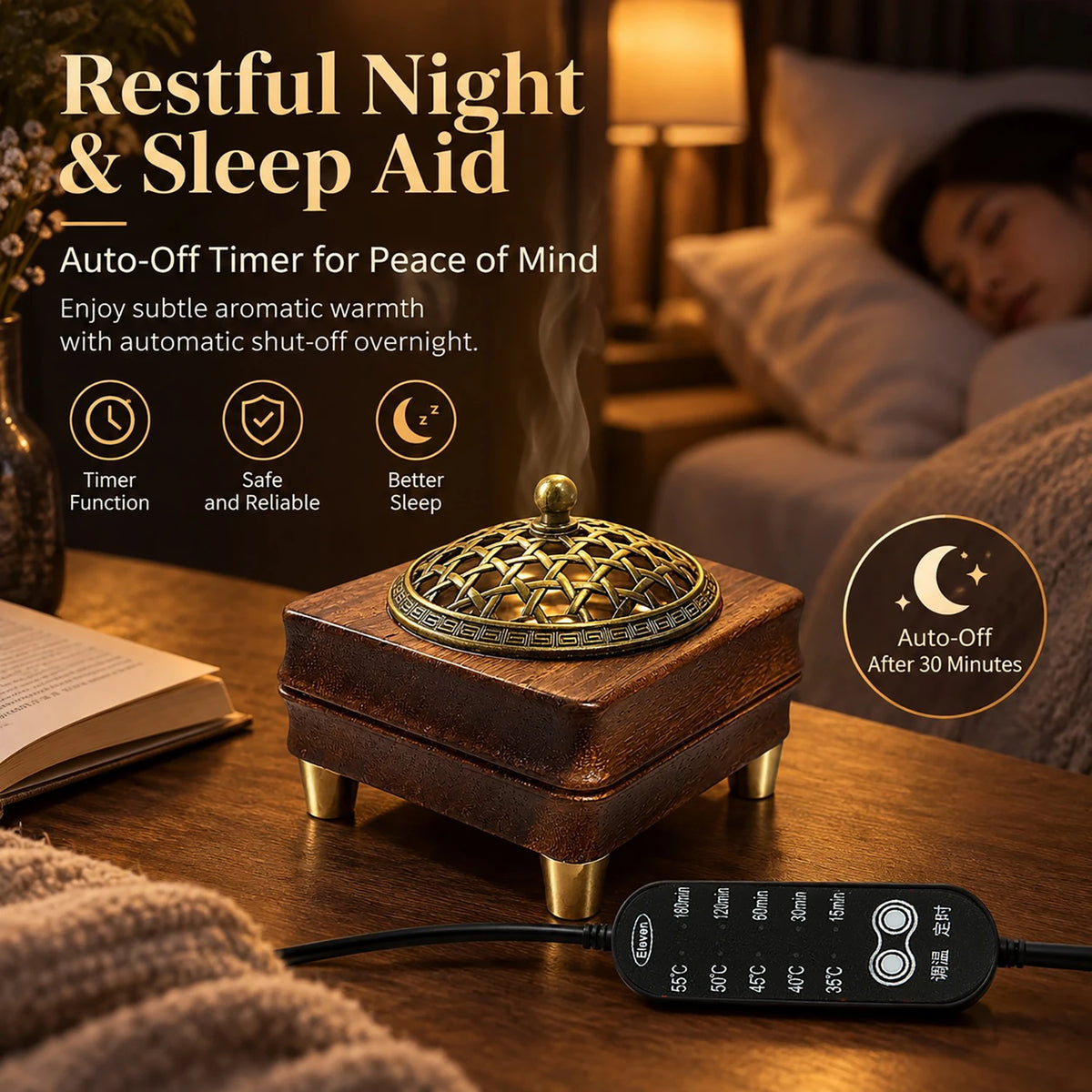 Wooden Electronic Incense Burner USB-powered Essential Oil Burner Adjustable Temp and Timer Bakhoor Burner for Wax Melt Agarwood