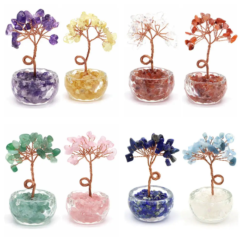 Natural Gemstone Crystal Lucky Tree With Gravel Stone Base Chakras Health Home Office Desk Living Room Crystal Decor Mini Sized