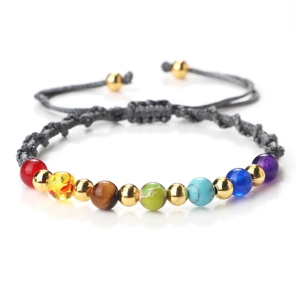 Reiki 7 Chakra Bracelet Natural Stone Rope Braided Yoga Healing Gold Color Copper Beads Bracelets & Bangles Meditation Jewelry