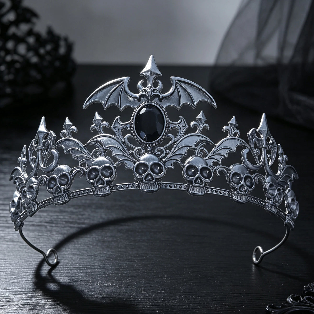 Antique Silver Skull Bat Tiara Rhinestone Gothic Headband Halloween Cosplay Dark Queen Witch Vampire Costume Party Hair Ornament