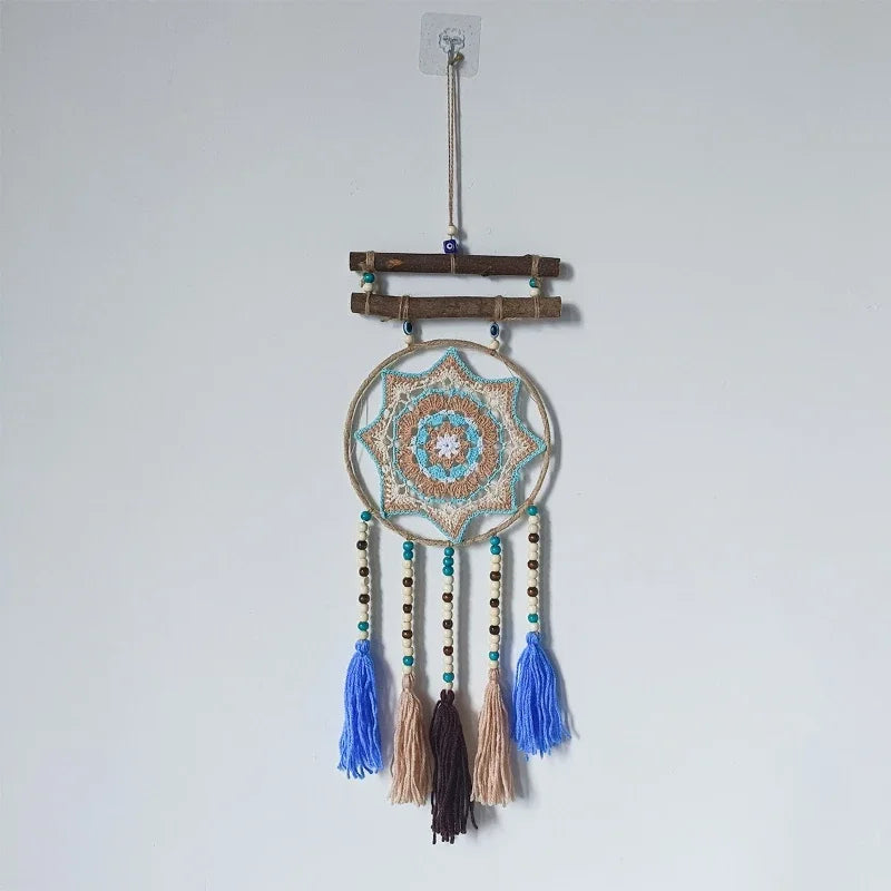 Wooden Beads Dream Catcher Net Tree Branches Hand Woven Tapestry Moon Sun Wall Blanket Covered Pipeline Vintage Art Pendant 1pcs