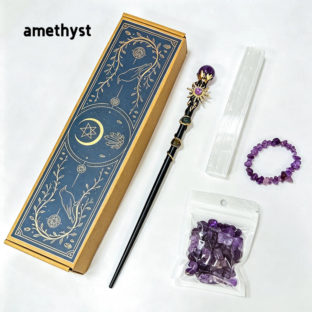 1box Amethyst Witch Crystal Wand Altar Kit, Natural Crystal Stones Selenite Wand Bracelet Wicca Ritual‑Supplies, Spiritual Decor