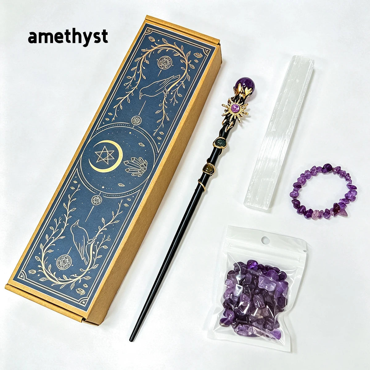 1box Amethyst Witch Crystal Wand Altar Kit, Natural Crystal Stones Selenite Wand Bracelet Wicca Ritual‑Supplies, Spiritual Decor