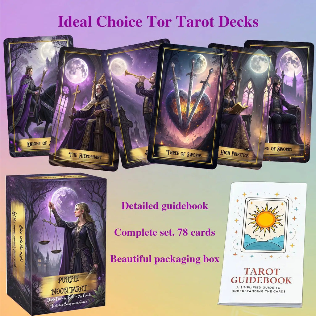 Purple Moon Tarot Cards Deck with Guidebook, 78pcs Dark Fantasy Tarot Deck, Fortune Telling Divination Oracle Cards