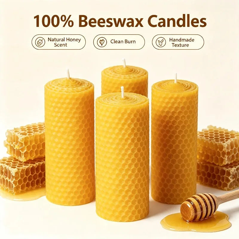6pcsNatural Pure Beeswax Honeycomb Roll Pillar Candle - 10x3.5cm, Box Pack, Clean Burn, Home Decor & Wedding Gift Candle