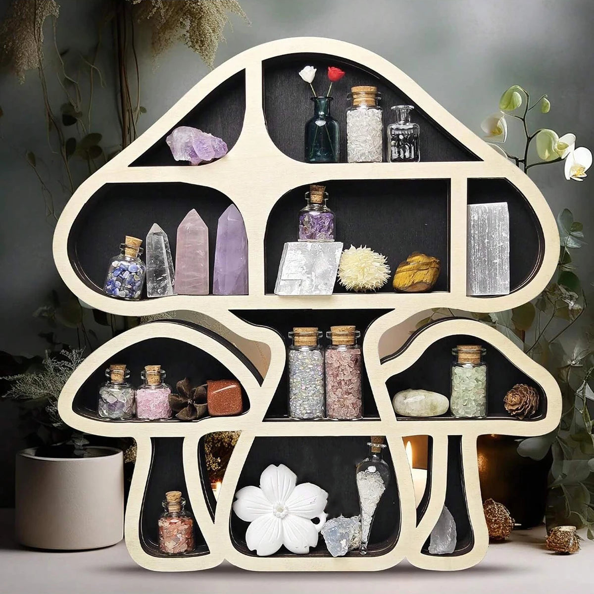 1Pc Wooden Mushroom Shaped Display Shelf - Multi-Compartment Crystal and Gemstone Holder，Home Decor for Spiritual Healing Stones