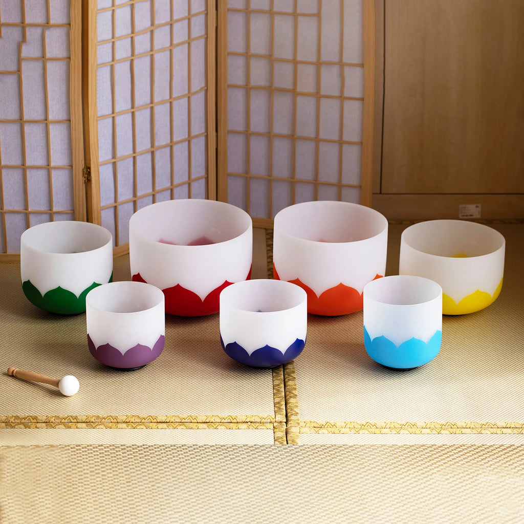 440/432HZ Color Chakra Frosted Quartz Crystal Singing Bowls 6-12" set of 7pcs for yoga and Meditation Sound Healing with Bag