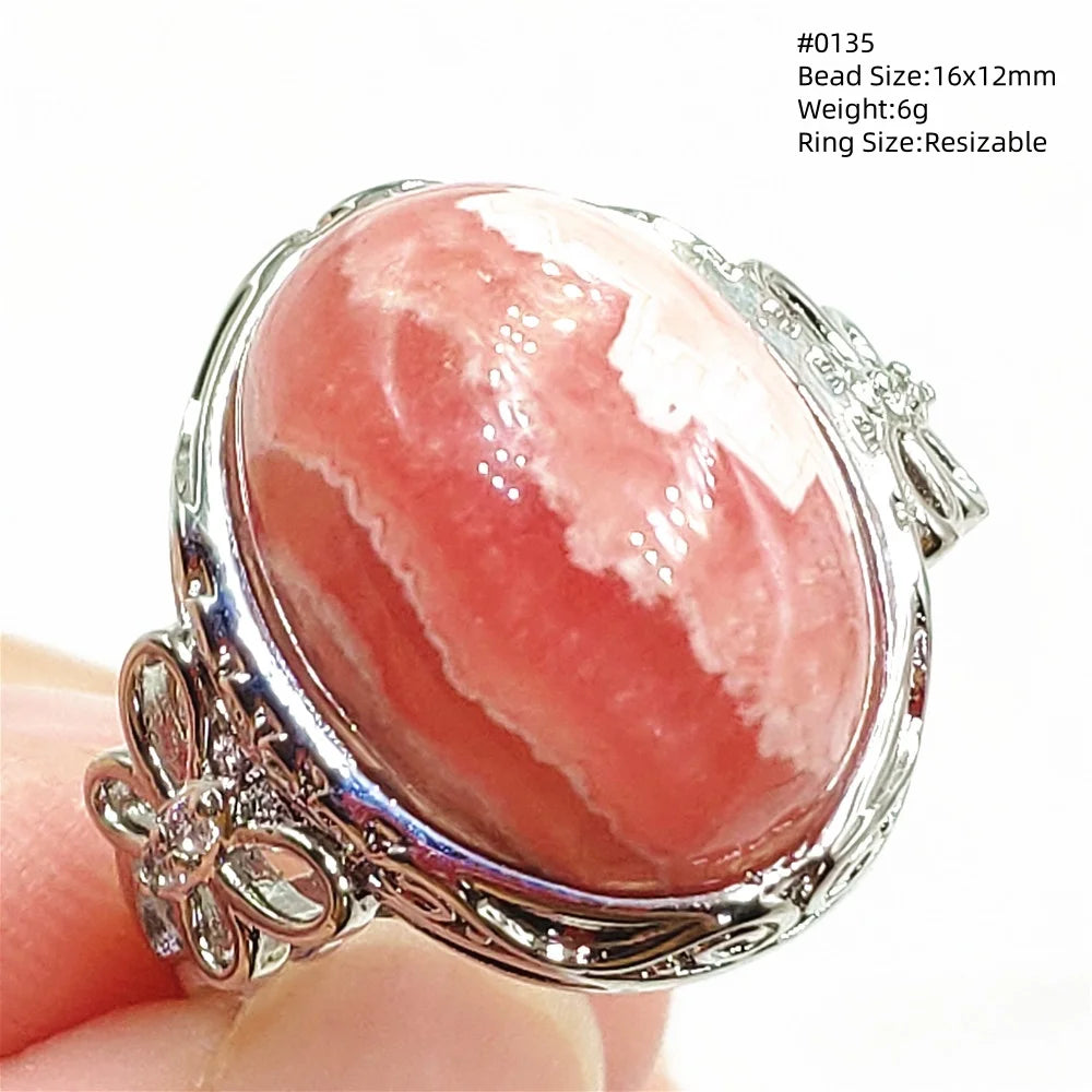 Natural Red Rhodochrosite Adjustable Ring Jewelry Rose Rhodochrosite 925 Sterling Silver Women Oval Bead AAAAA