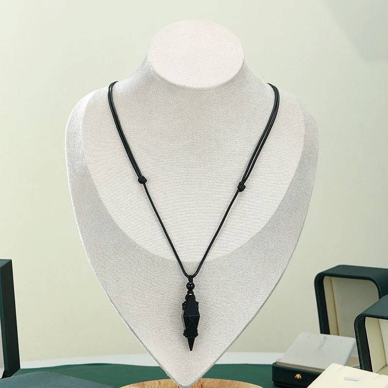 Black Obsidian Arrowhead Crystal Pendant Necklace Men Women Natural Stone Healing Crystal Wrap Cord Necklace Daily Wear Jewelry
