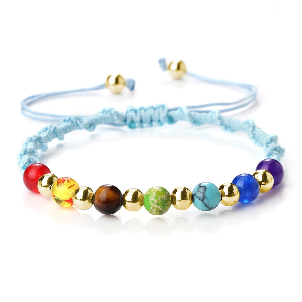 Reiki 7 Chakra Bracelet Natural Stone Rope Braided Yoga Healing Gold Color Copper Beads Bracelets & Bangles Meditation Jewelry