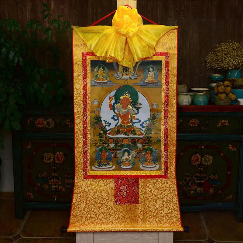 35*20cm Tibetan Thangka Wall Art Padmasambhava Green Tara Buddha Painting Hanging Decor Religious Scroll Picture Home Decoration