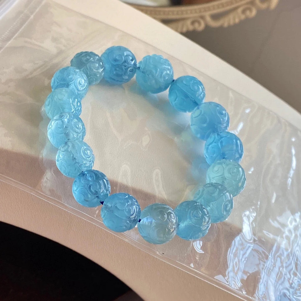 Natural Blue Aquamarine Beads Bracelet 13mm Carved Women Men Stretch Brazil Aquamarine Bracelet Jewelry AAAAAA