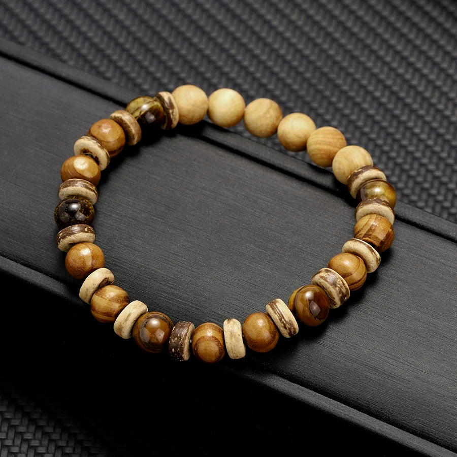 Vintage Wood Beaded Bracelet Mens Natural Stone Braslet Yoga Meditation Prayer Jewelry Tiger Eye Braclet Homme