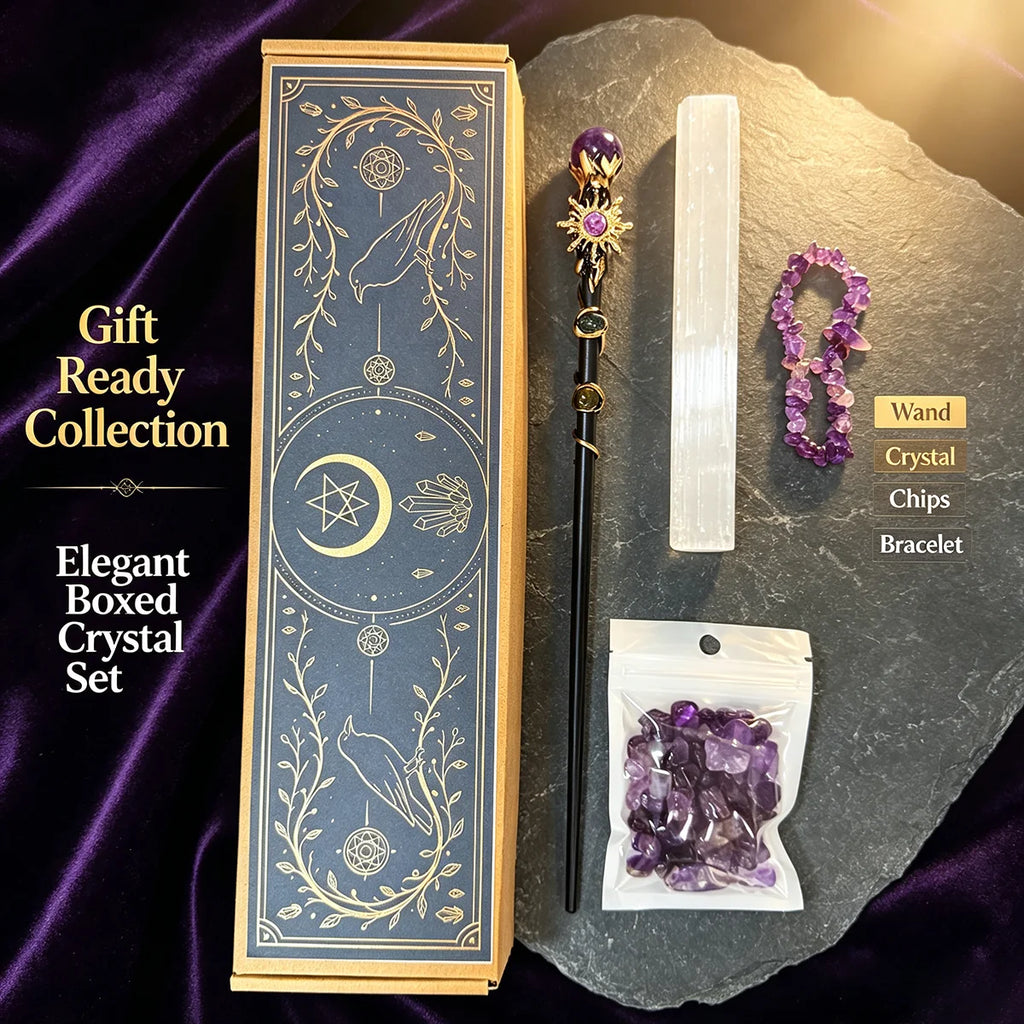 1box Amethyst Witch Crystal Wand Altar Kit, Natural Crystal Stones Selenite Wand Bracelet Wicca Ritual‑Supplies, Spiritual Decor