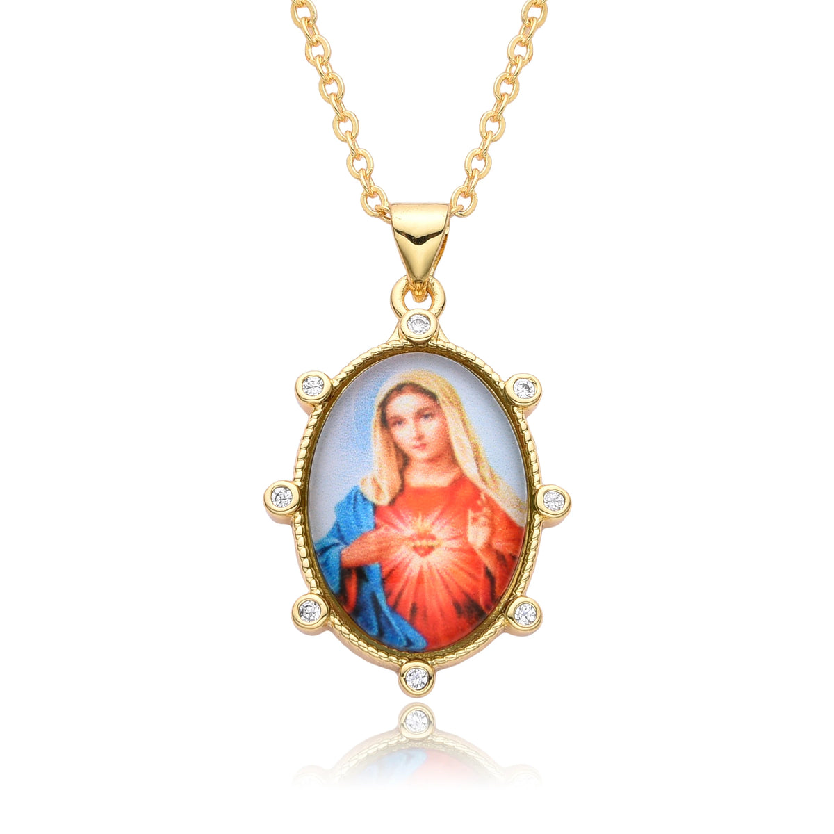 Gold Plated Enamel Virgin Mary Pendant Sacred Heart of Jesus Zirconia Edges Medal Necklace Divine Child Charms Catholic Jewelry
