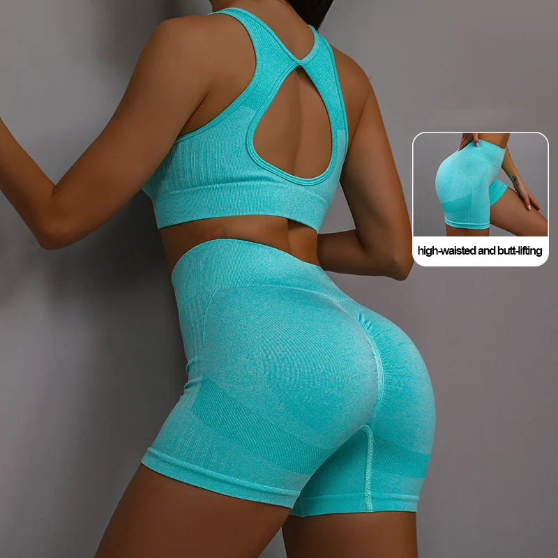 Women's Sports Fitness Yoga Suit Set Breathable Elastic Shorts Peach Bottom Smiling Face Design Beautiful Back Bra Yoga Pant