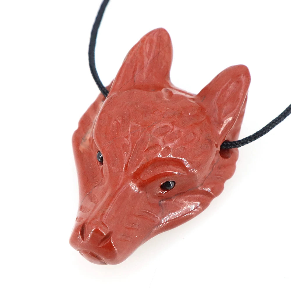 40mm Wolf Head Stone Pendant Natural Healing Crystals Statue Hand Carving Gemstone Wolves Animal Figure Jewelry Making Necklace
