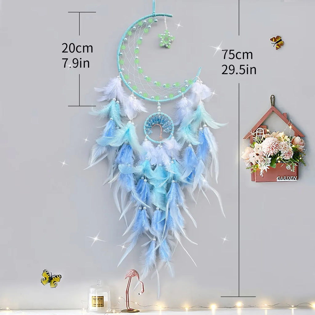 Boho Moon Dreamcatcher Feather Wall Hanging Crescent Moon Decor Handmade Dream Catcher Bedroom Decor Gift