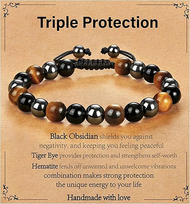 Bracelet for Men Him Dad Son Triple Protection Hematite Black Obsidian Tiger Eye Beaded Bracelets Birthday Healing Jewelry Gifts